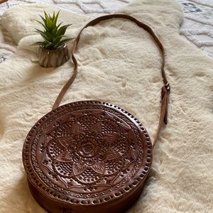 Beautiful hand tooled Boho round leather purse